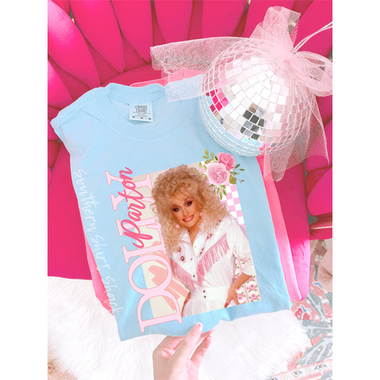 Pink Vintage Dolly Comfort Colors Tee | Light Blue