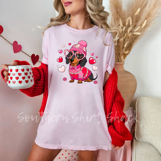 Weenie Dog Glasses Valentines Day Tee| Blossom