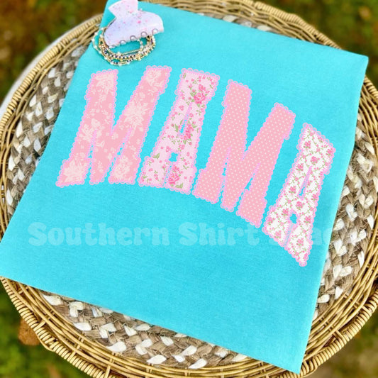 Fancy Floral pink MAMA Comfort Colors tee | Lagoon Blue