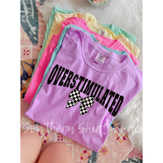 Overstimulated checkered bow Comfort Colors tee | Neon Violet