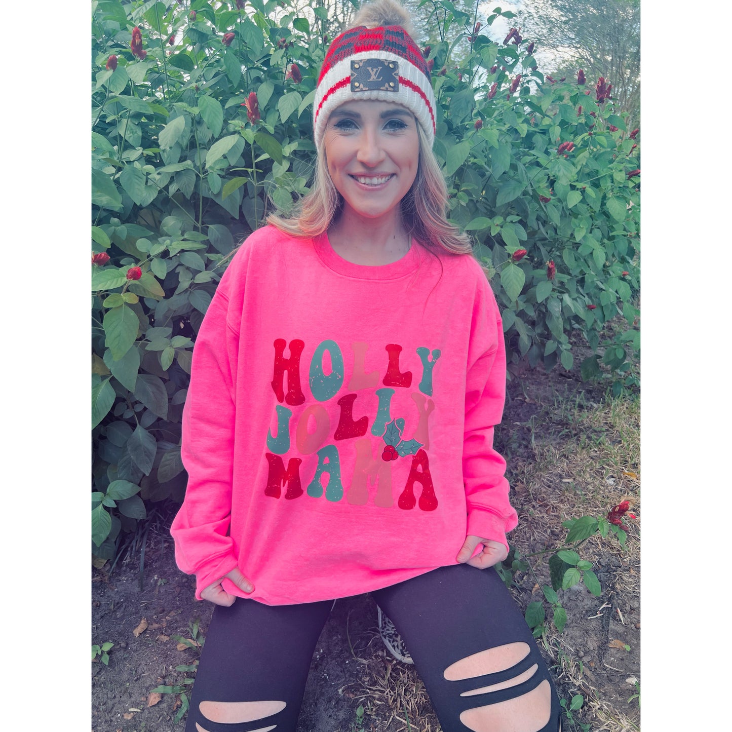 Holly Jolly Mama | Neon Pink Sweatshirt