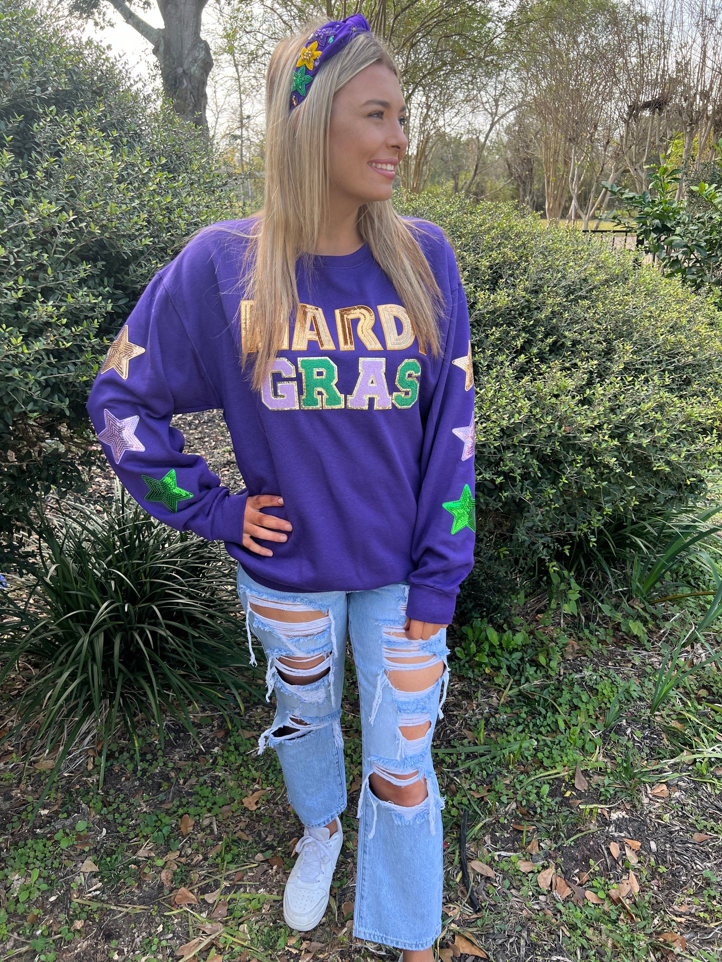 Mardi Gras Chenille Patch Star Sleeve Sweatshirt