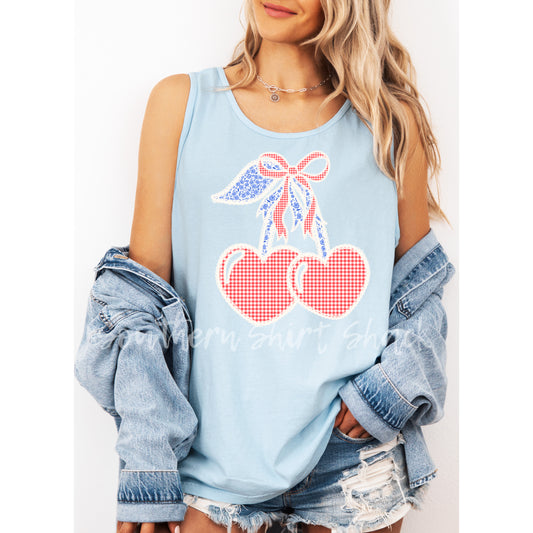 Gingham Patriotic Cherries Comfort Colors tank | Light Blue