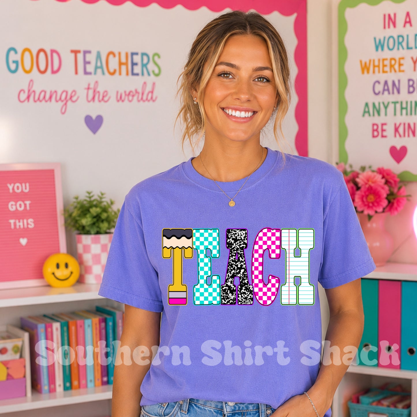 Teach School Supplies Letters | Violet comfort colors tee