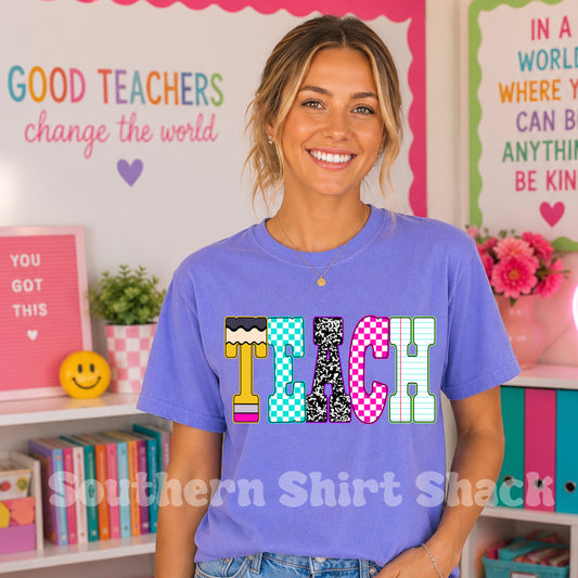 Teach School Supplies Letters | Violet comfort colors tee
