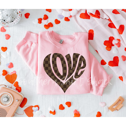 Checkered Love Heart Sweatshirt | Light Pink