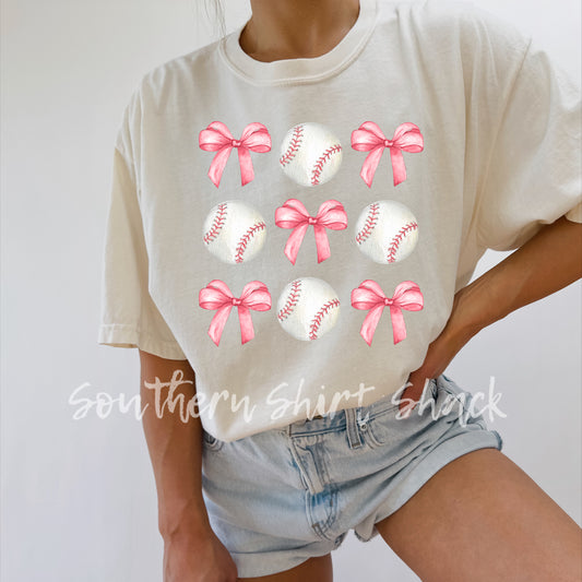 Pink Bows & Baseballs Comfort Colors tee | Ivory
