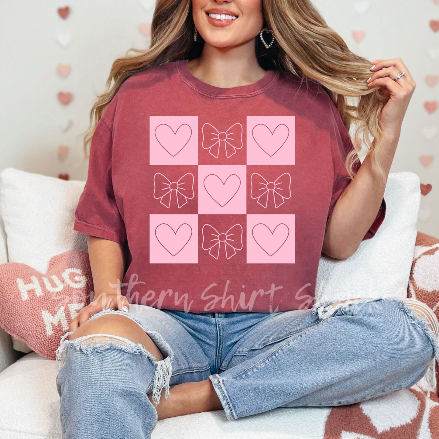 Bows & Hearts | Crimson Comfort Colors tee