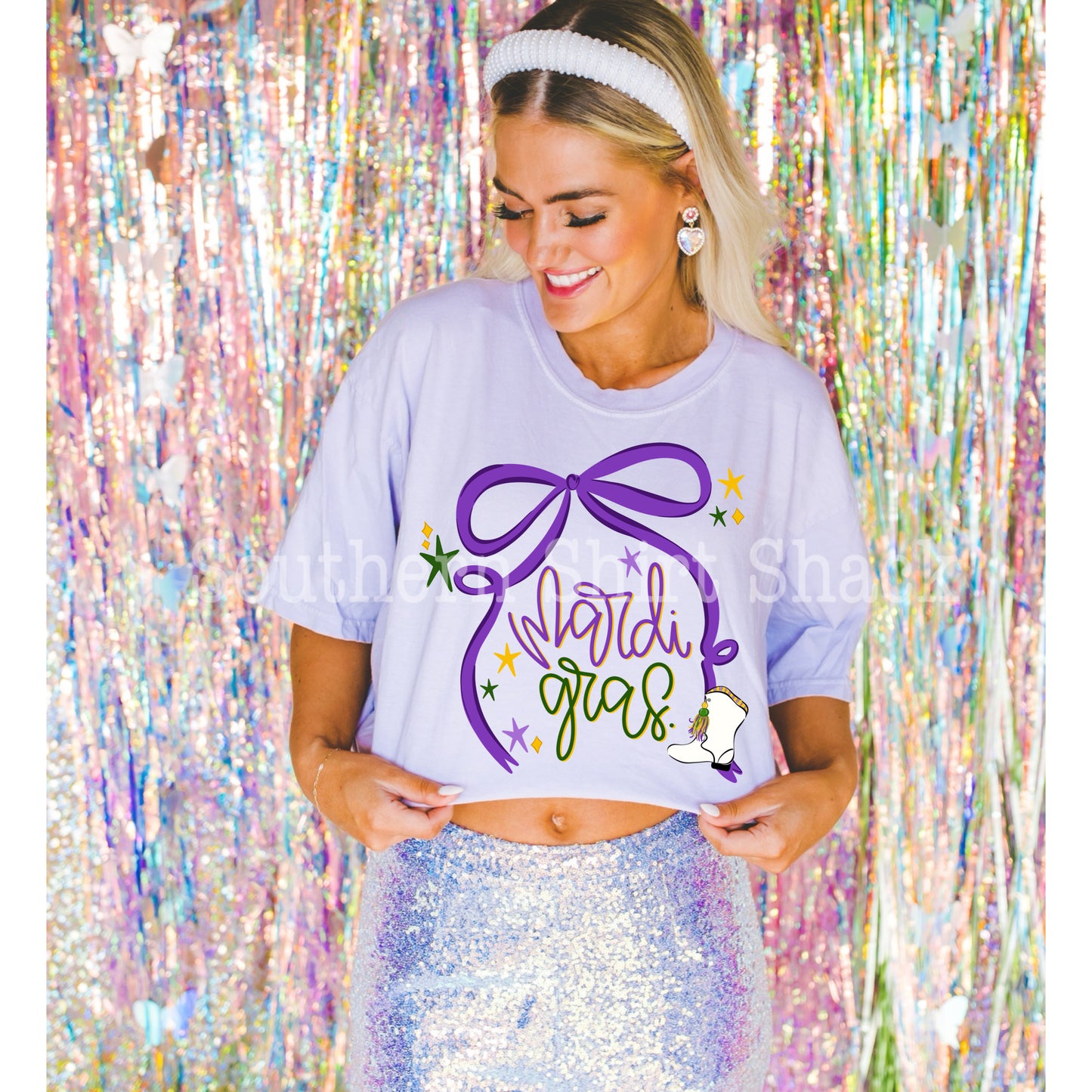 Preppy Mardi Gras Bow | Orchid Comfort Colors Tee