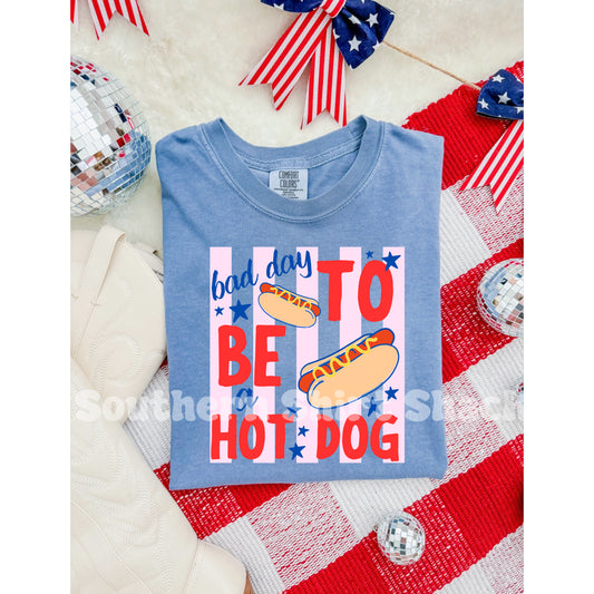 Preppy Striped bad day to be a hotdog | Washed Denim Comfort Colors tee