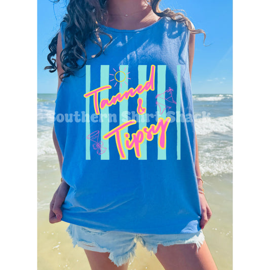 Preppy Stripes Tanned & Tipsy Comfort Colors Tank | Flo Blue