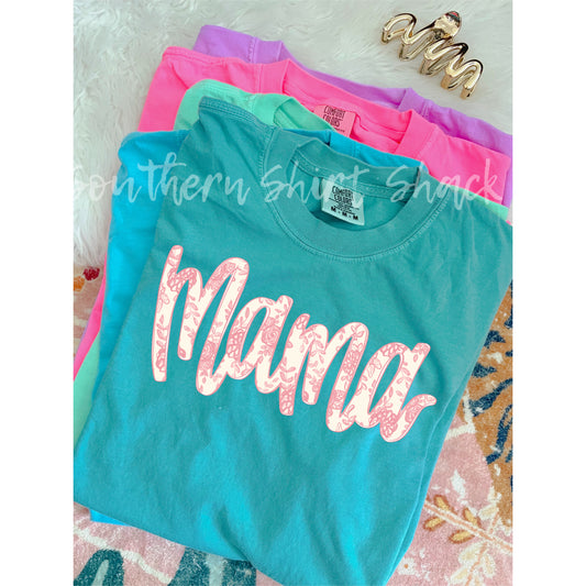 Pink and White floral mama Comfort Colors tee | Seafoam