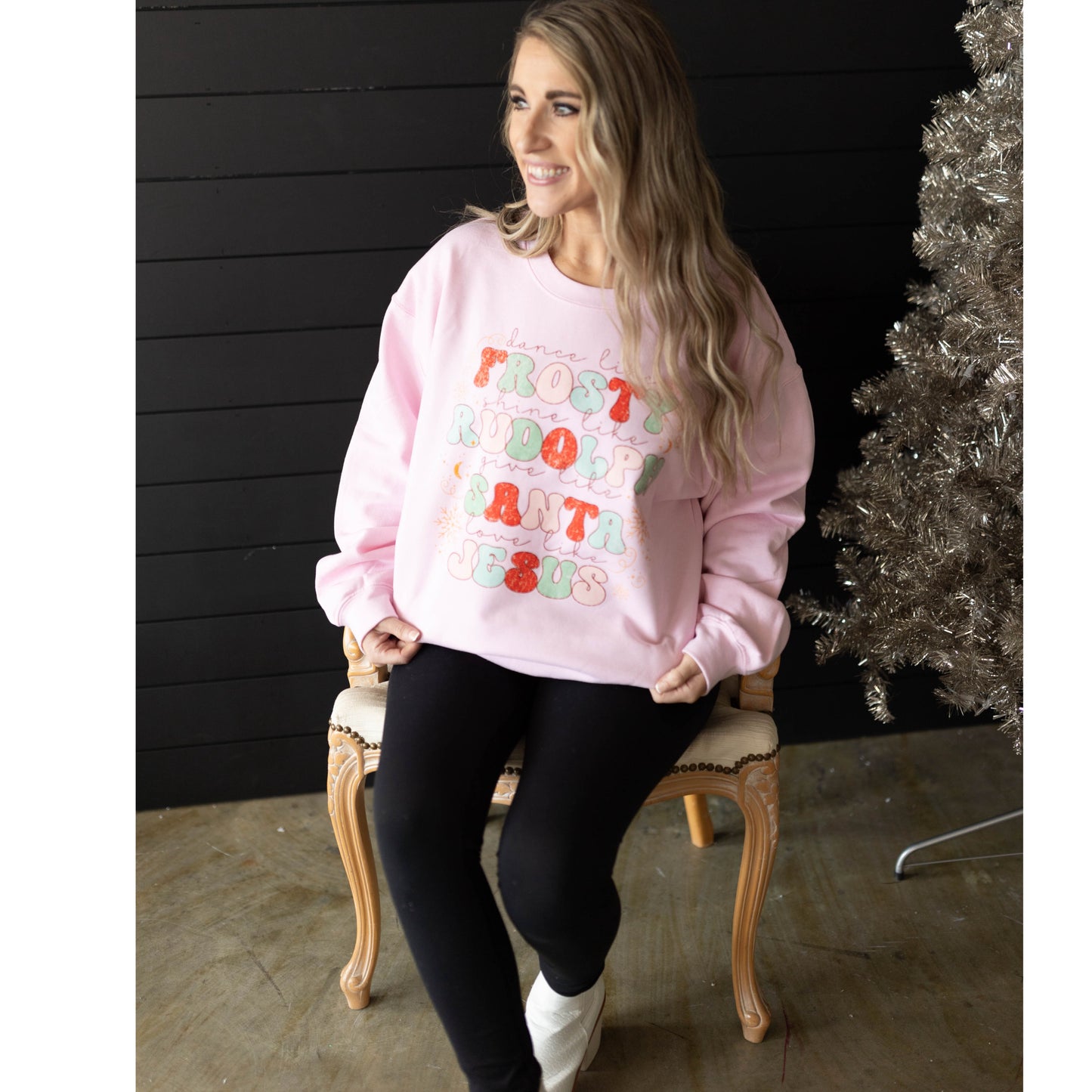 Frosty Rudolph Santa Jesus | Light Pink Sweatshirt