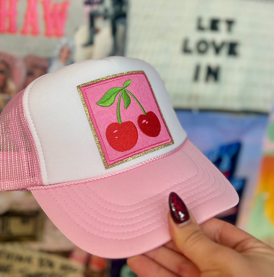 Preppy Cherries White/Pink Trucker Hat | READY TO SHIP