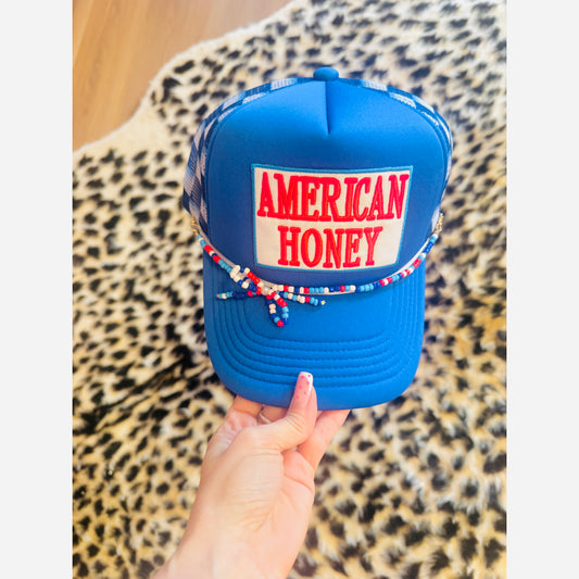 American Honey Blue Checkered hat with bow hat chain