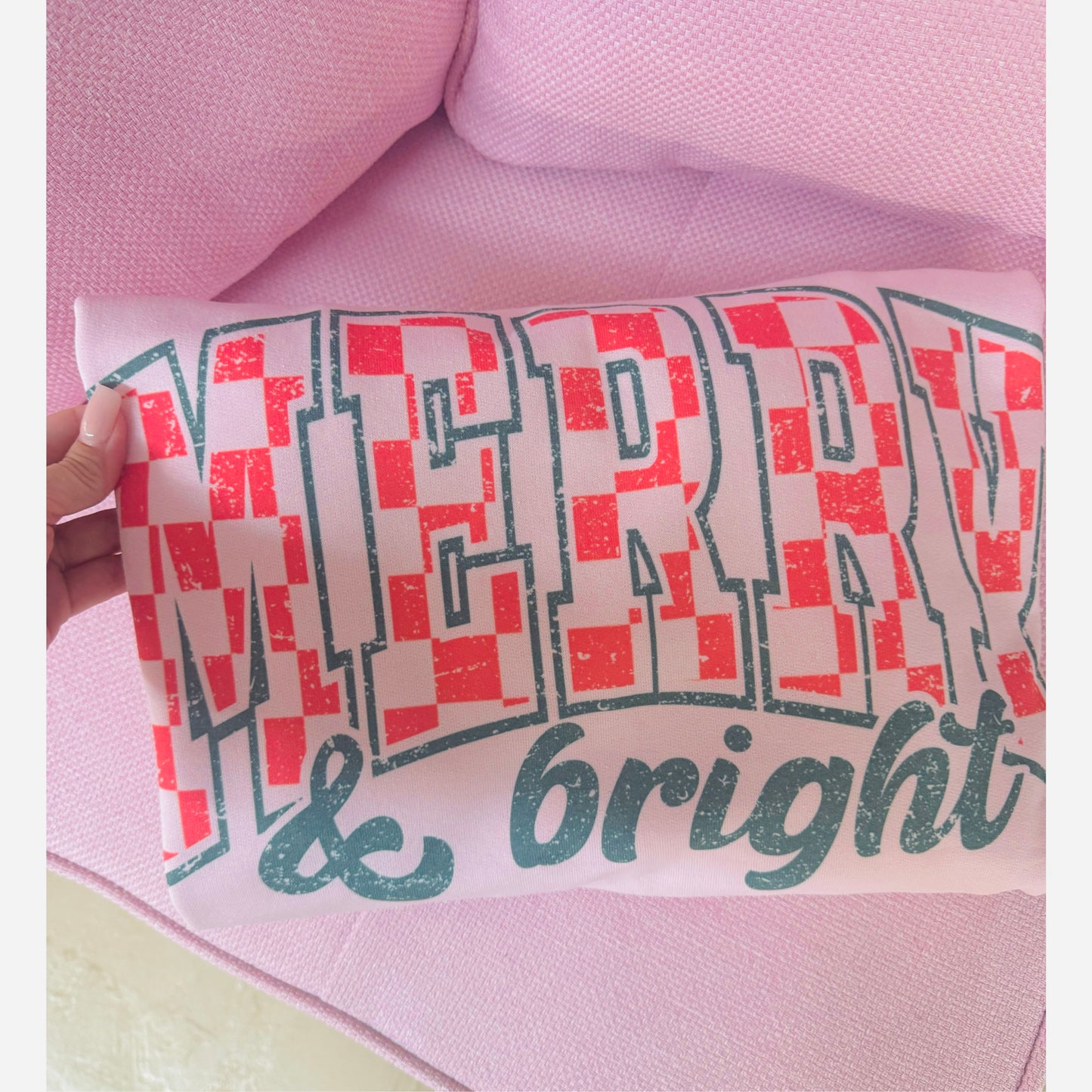 Checkered Merry & Bright Light Pink Sweatshirt