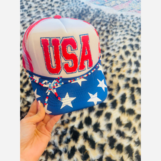 USA stars & stripes trucker hat with bow hat chain