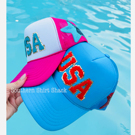 USA chenille patch trucker hat with side star patch