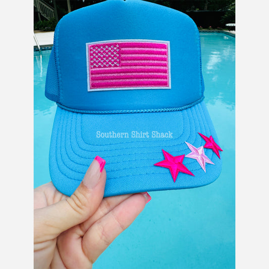 Preppy & Patriotic | pink & blue with stars trucker hat- READY TO SHIP
