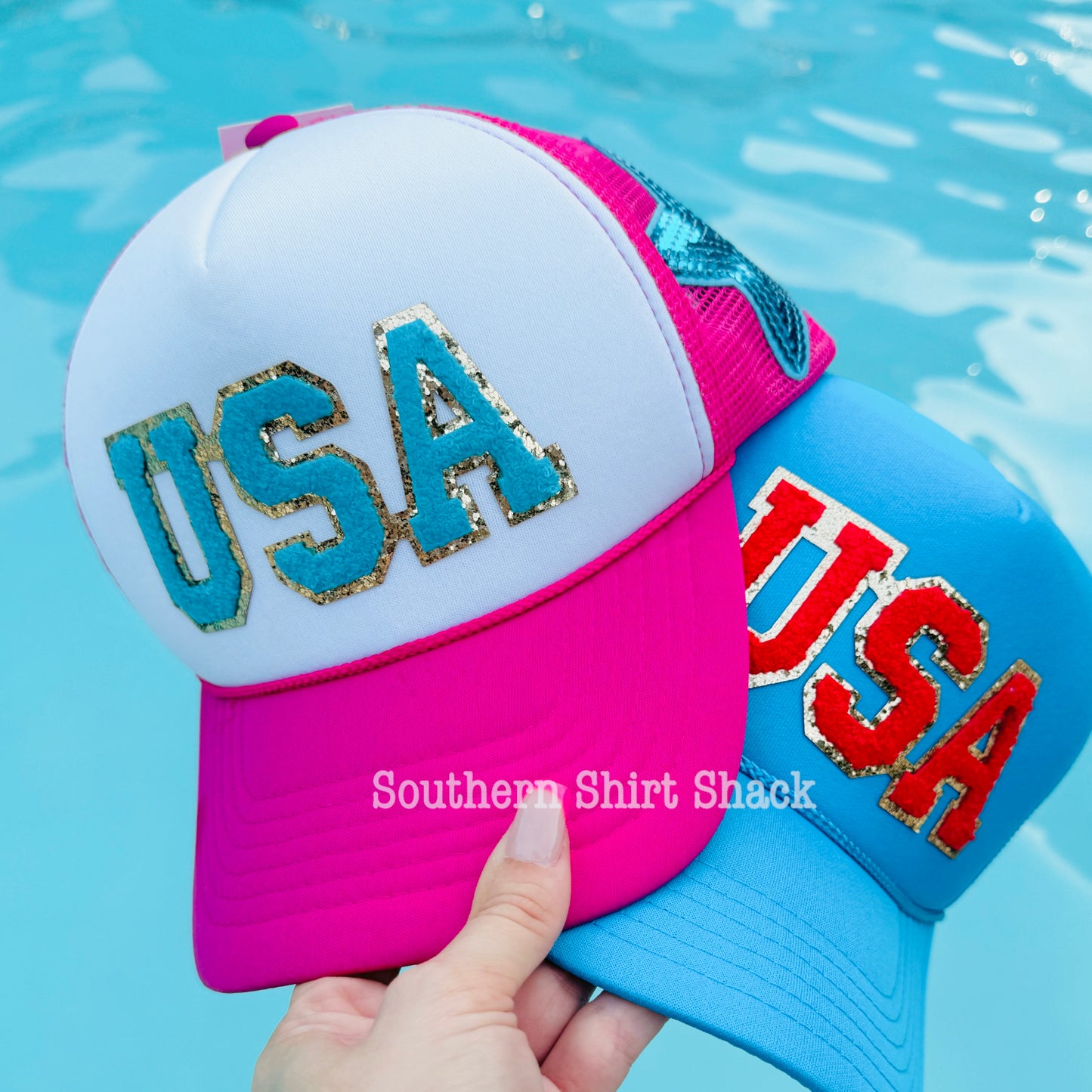 USA chenille patch trucker hat with side star patch
