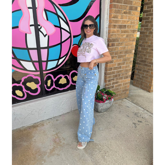 Polka Dot Wide Leg Denim Jeans