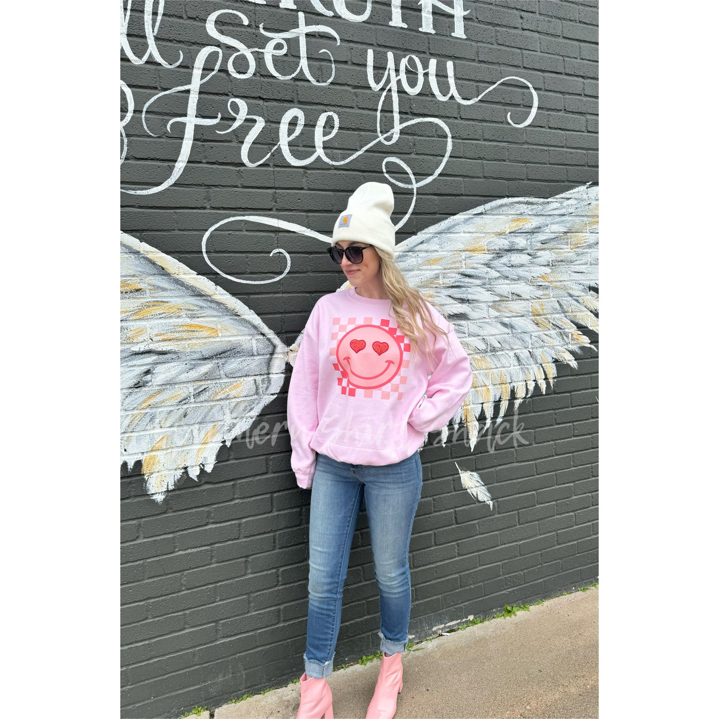 Checkered Smiley Sequin Patch Heart Eyes | Light Pink Sweatshirt