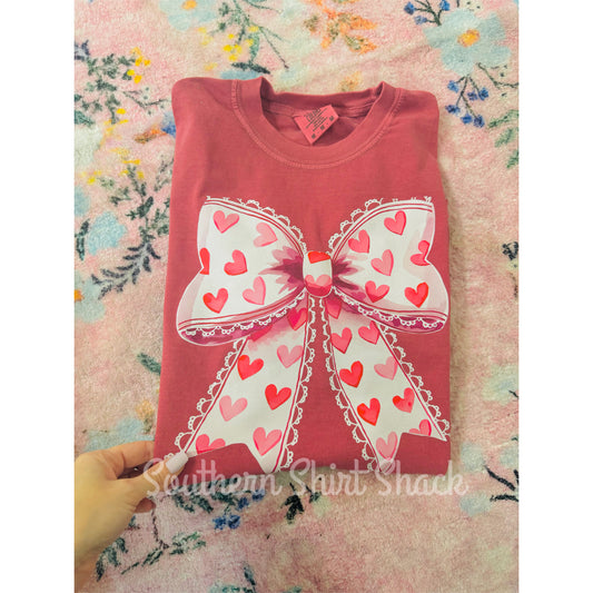 Lace Heart Bow | Crimson Comfort Colors tee