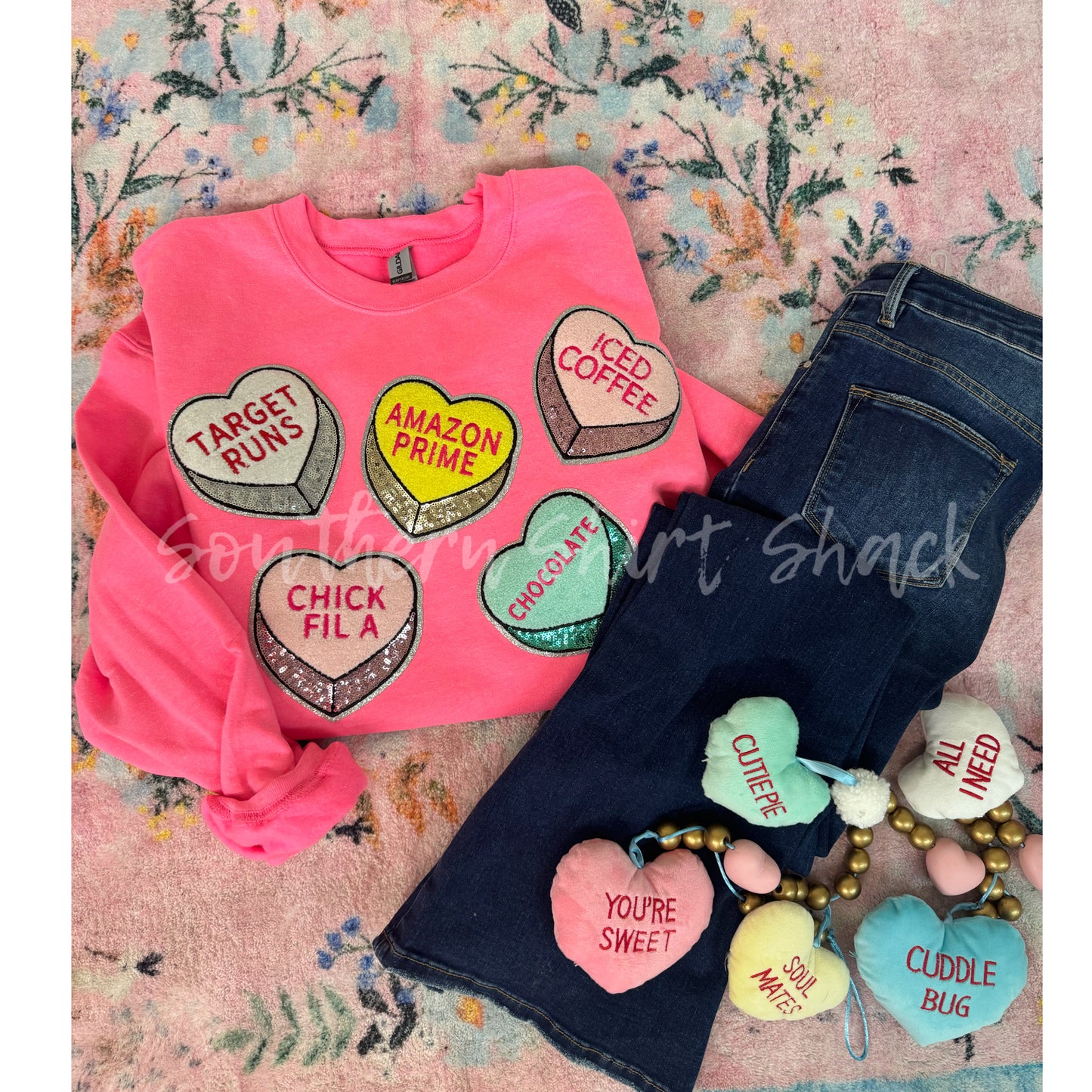 Trendy Conversation Hearts Chenille Patch Sweatshirt~ Neon Pink