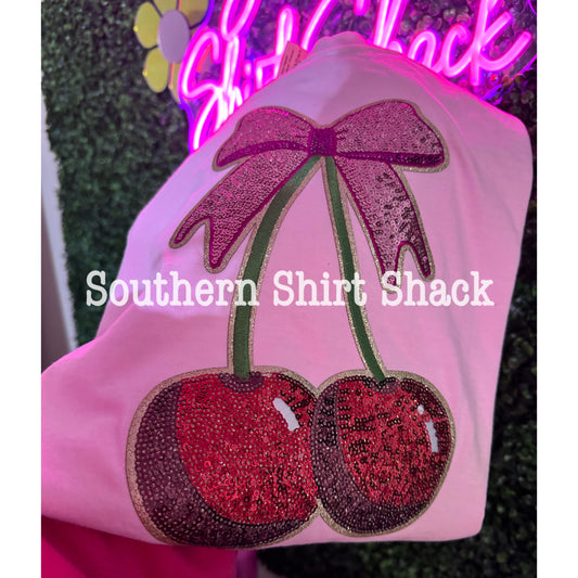 Sequin Cherry Bow | Patch Comfort Colors Tee