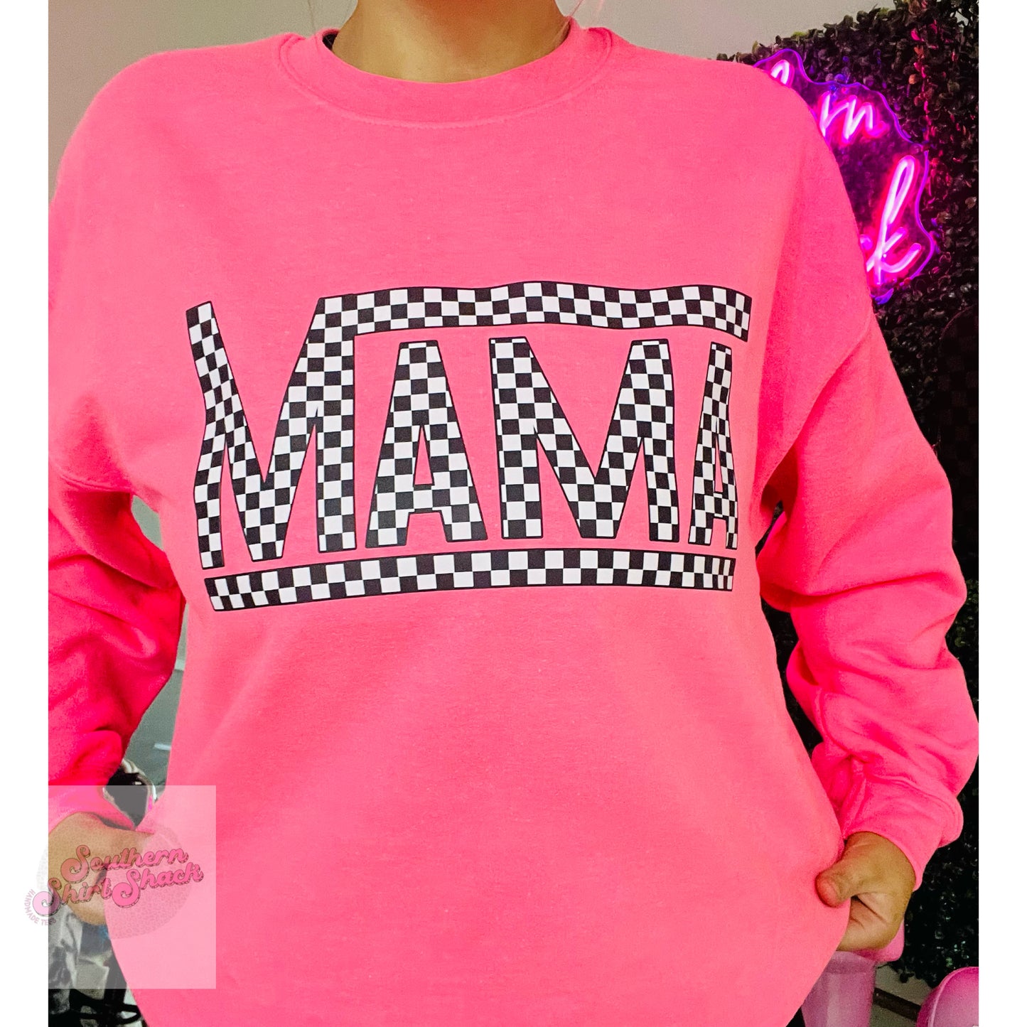 Checkered Mama Neon Pink Sweatshirt