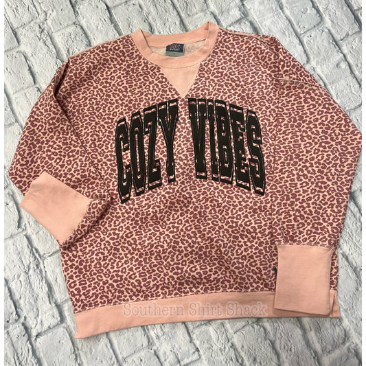 Cozy Vibes Puff Print | Blush Leopard Print Crewneck | ready to ship !