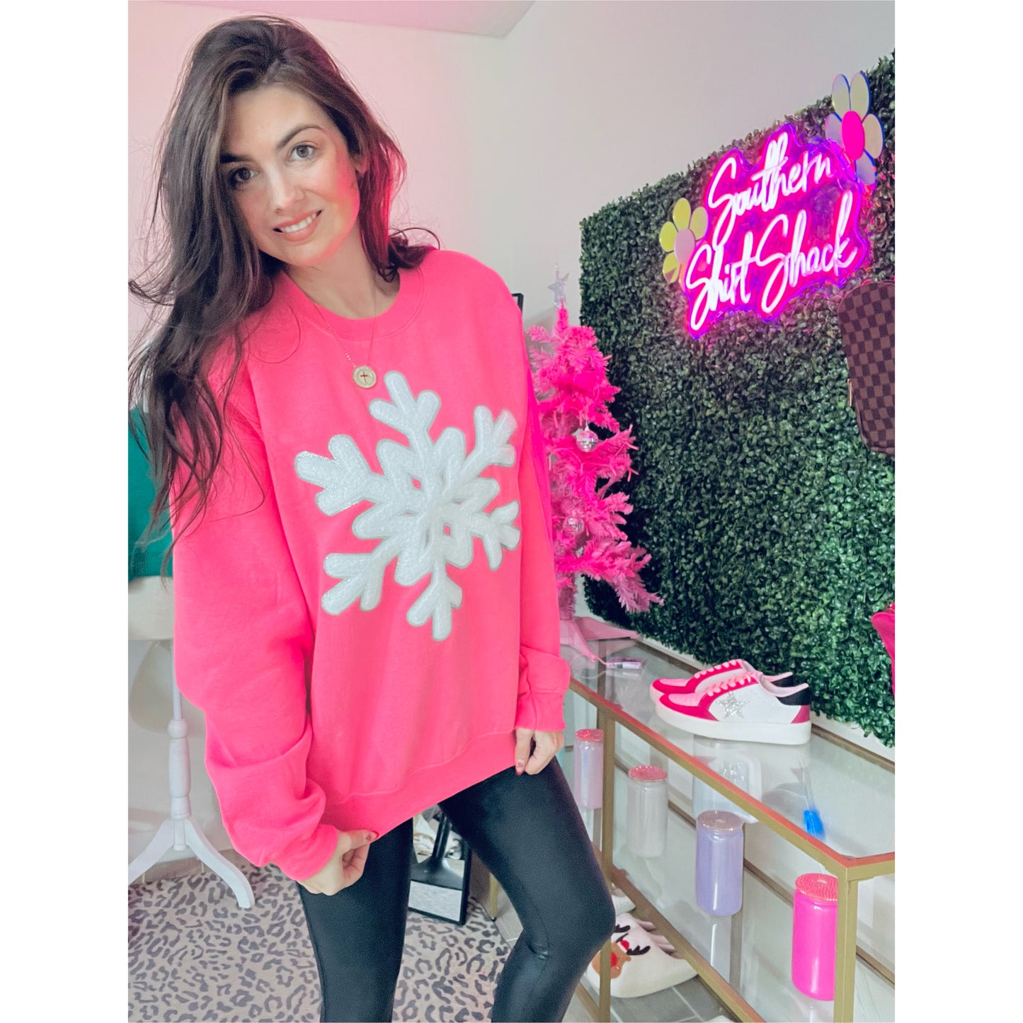 Fancy Snowflake Chenille Patch Sweatshirt | Neon Pink