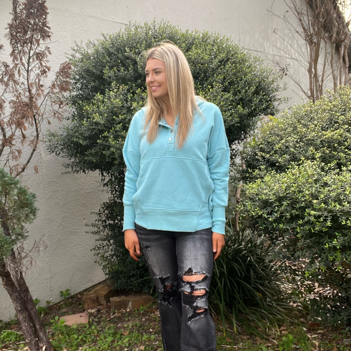 Girl on the Go button up hoodie-ready to ship | Teal