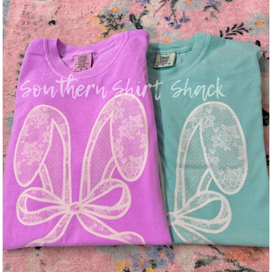 Lace Bow Bunny Ears | Mint | Neon Violet comfort colors tee