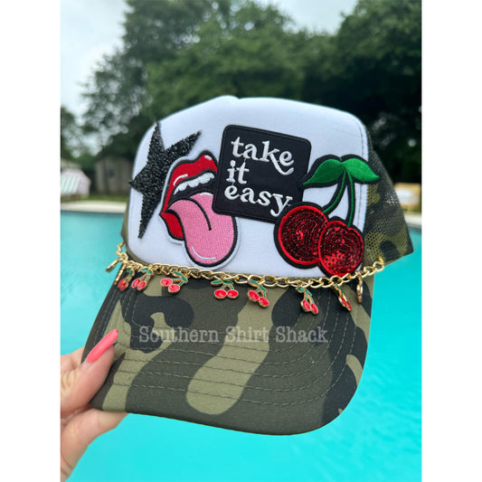 Take it Easy Collage Trucker Hat with hat chain