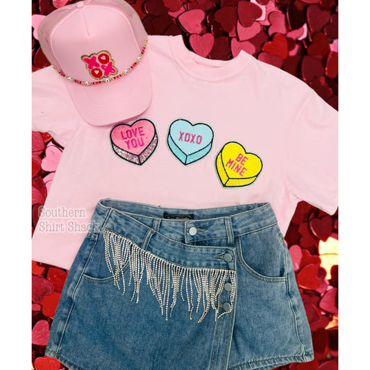 Conversation Heart Sequin Chenille Patch Tee | Comfort Colors Tee | Sweatshirt Option