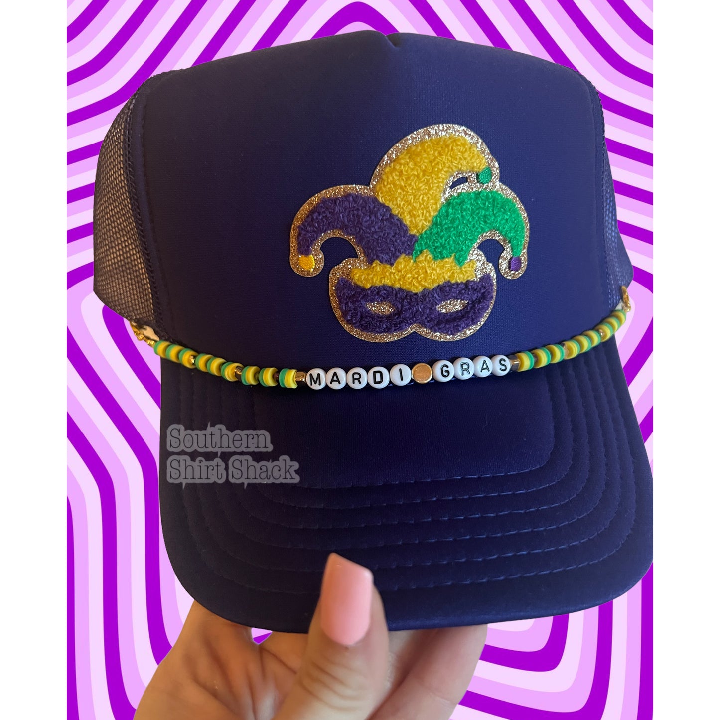 Dark Purple Mardi Gras Trucker Hat with Hat Charm