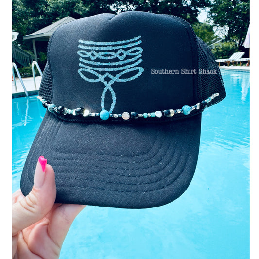 Turquoise boot stitch trucker hat with hat chain