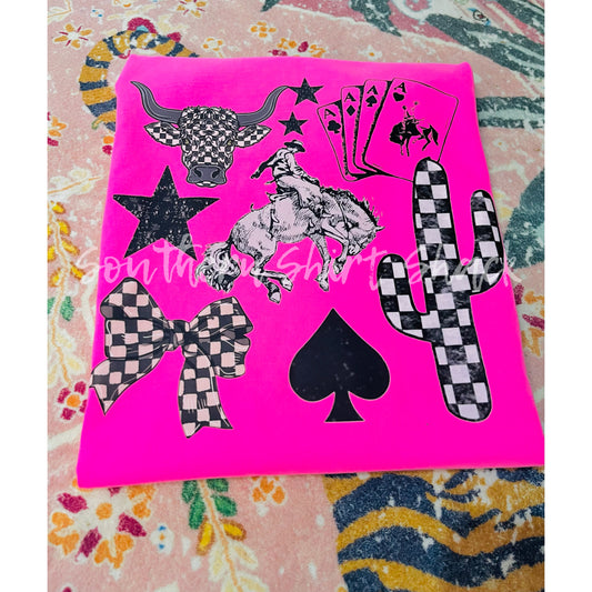 Checkered Western Collage Comfort Colors tee | Neon Pink