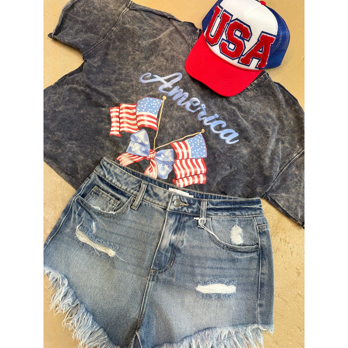 Preppy American Flags mineral washed cropped tee | READY TO SHIP