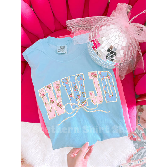 Floral Pearls WWJD Comfort Colors tee | Light Blue