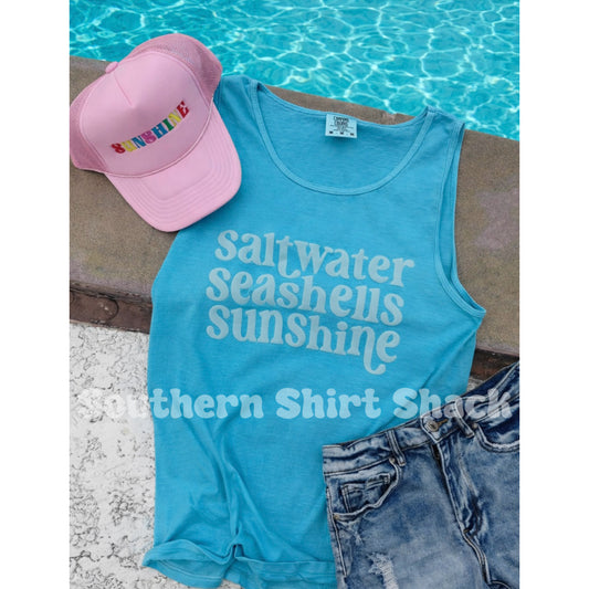 Lagoon Blue Saltwater Seashells & Sunshine PUFF Comfort Colors Tank | Monochromatic