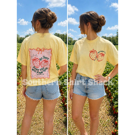 Gingham Strawberries ~ you’ll know them by their fruit ~ Comfort Colors Tee | Butter Yellow