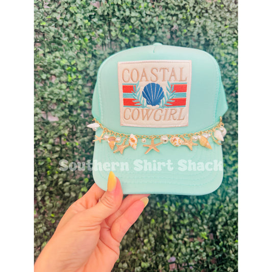 Coastal Cowgirl Trucker Hat with Seashell Hat Chain