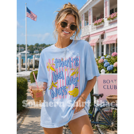 Pink Striped That’s Bananas Comfort Colors tee | Light Blue