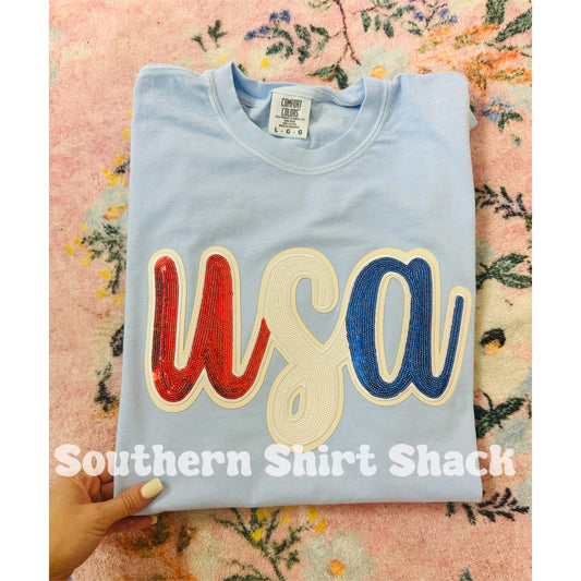 Sequin USA Patch Comfort Colors Tee | Light Blue