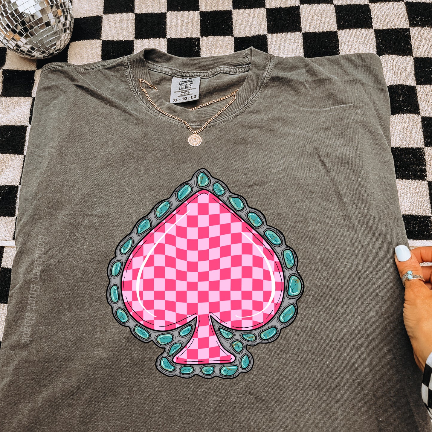 Pink & Turquoise Checkered Spade | Pepper Comfort Colors tee