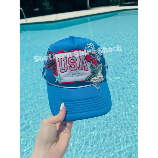 Girly USA collage hat | blue checkered | READY TO SHIP