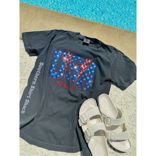 USA flat sparkle Comfort Colors tee | Pepper | READY TO SHIP