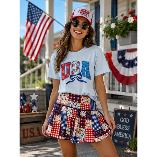 Floral USA bow Comfort Colors tee | Light Blue